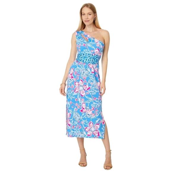 Lilly Pulitzer Blue Pink Floral Helina One Shoulder Padded Midi Dress Size Large - Picture 1 of 10